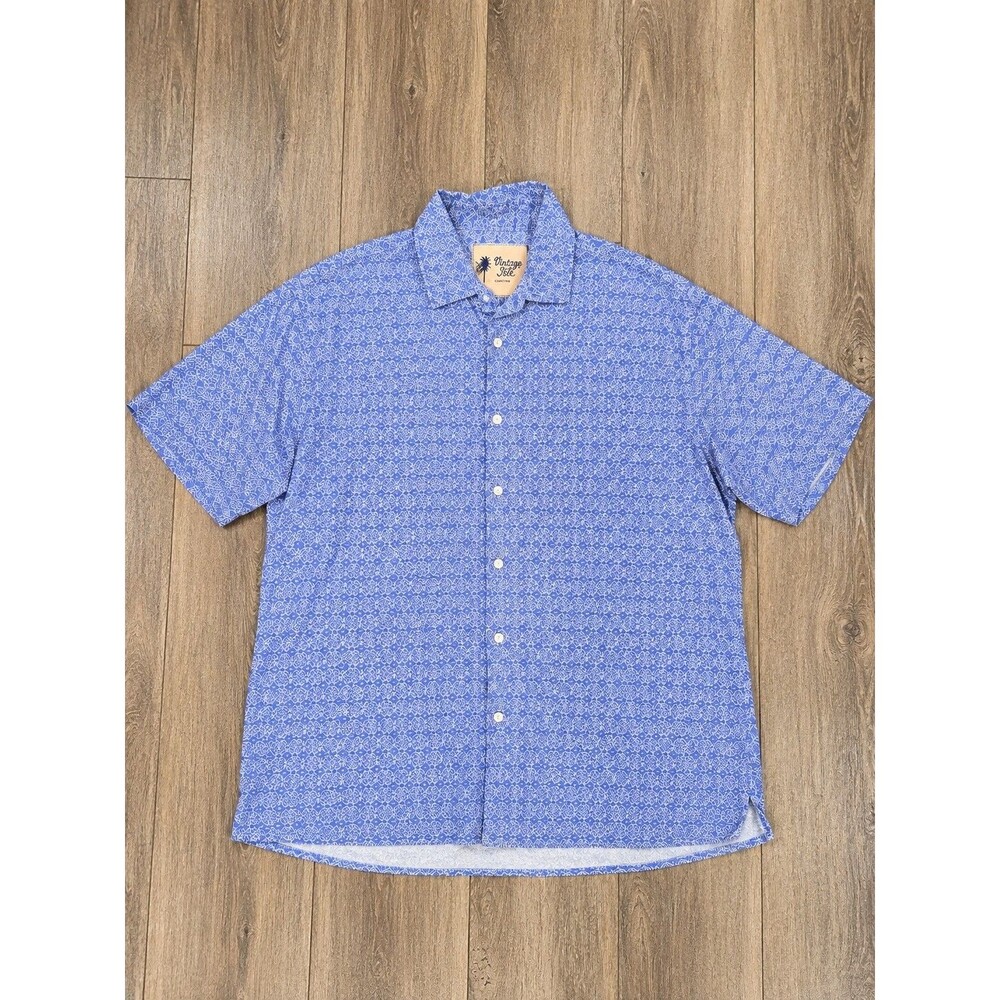 VTG Vintage Silk Circa 1969 Mens XXL Blue Geometric Silk Rayon Camp Shirt